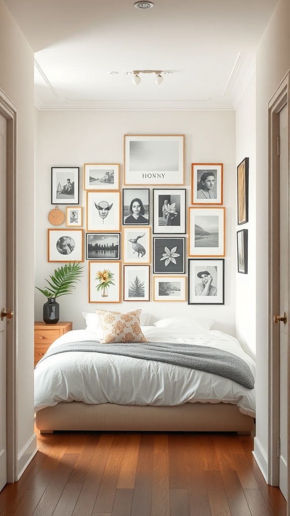 A hallway with a collection of framed art pieces on the wall, featuring a cozy bed and a plant.