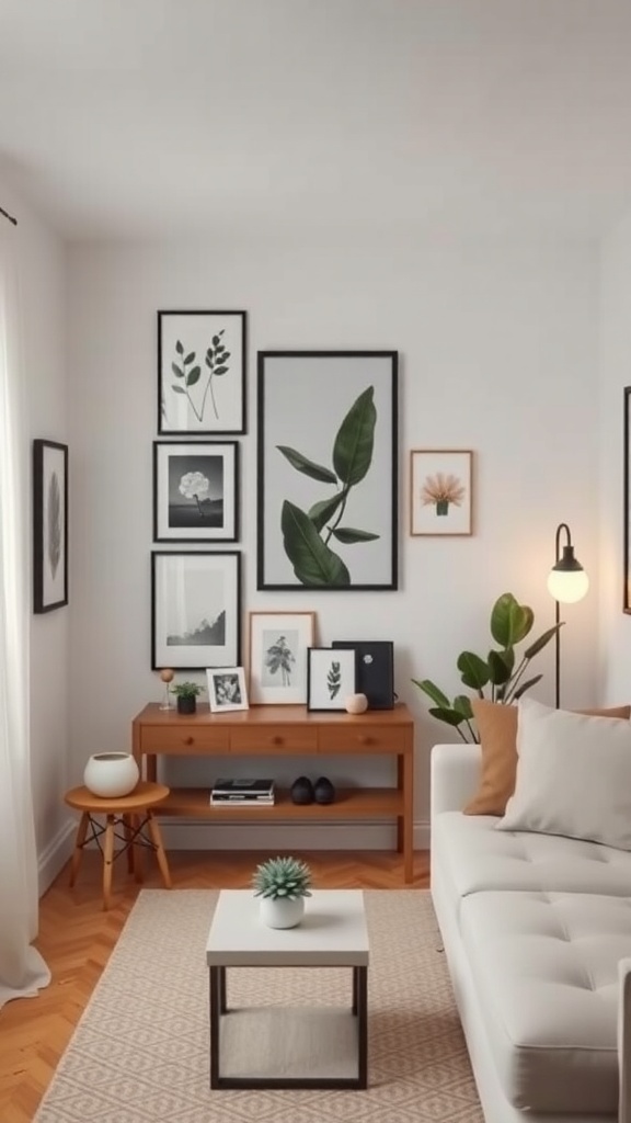 A cozy living room with framed art displays, a modern couch, and decorative plants.