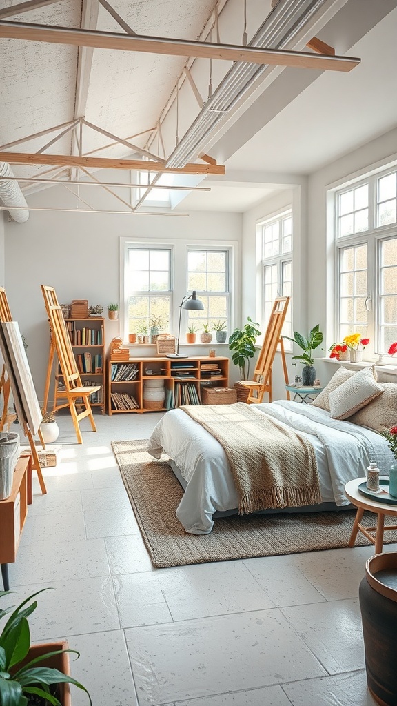 Bright and inviting art studio in a basement with natural light, featuring easels, plants, and a cozy bed.