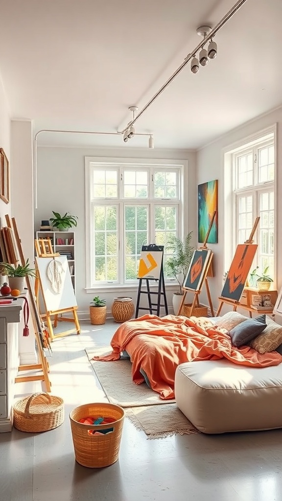 A bright and cozy basement art studio with natural light, featuring easels, a comfortable bed, and colorful decor.