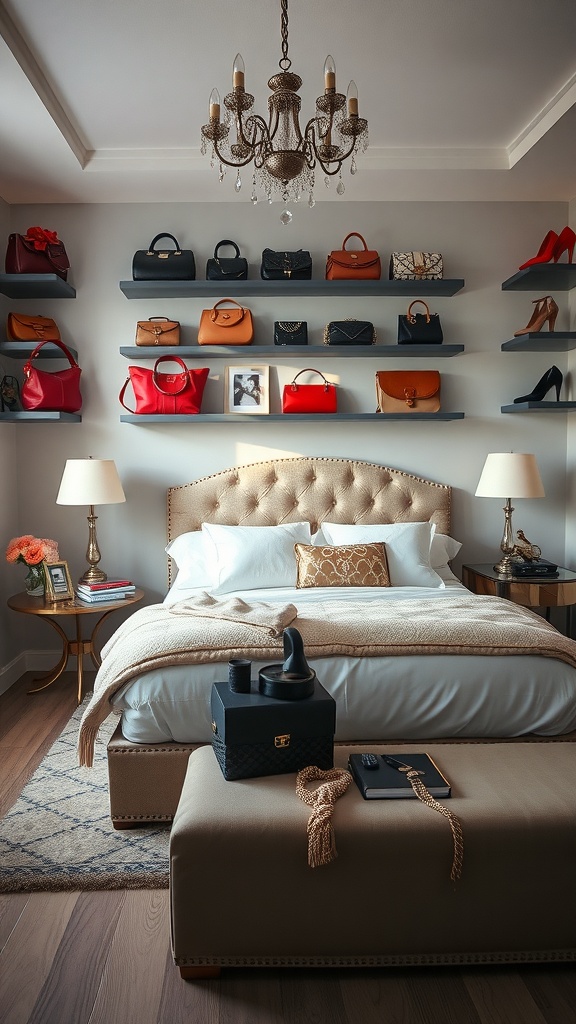 A glam room featuring a stylish arrangement of handbags on wall-mounted shelves, a cozy bed, and an elegant chandelier.