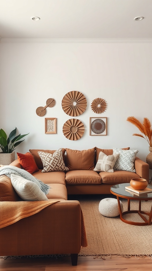 A cozy living room featuring a brown sofa with various decorative pillows, artisan wall art, a coffee table, and indoor plants.