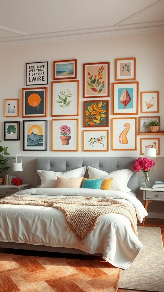 A cozy bedroom with a gallery wall featuring various framed artworks, a comfortable bed, and decorative pillows.