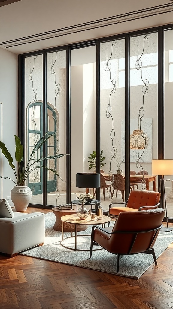 A stylish interior with wood and decorative glass partition separating a lounge from a dining area.