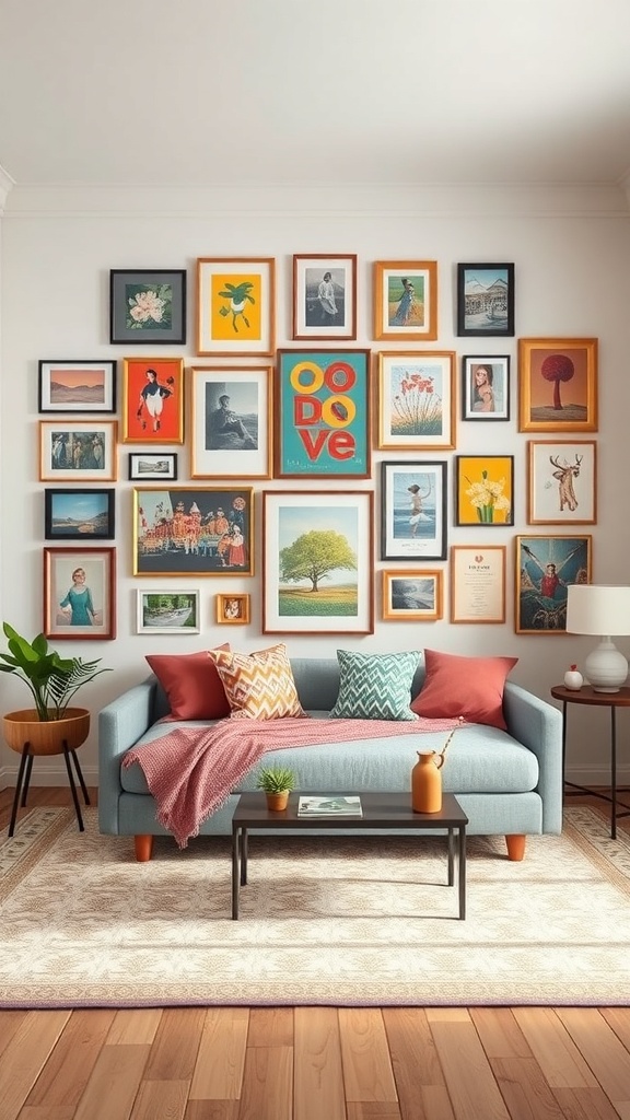 A colorful living room with a gallery wall of framed art above a blue couch, featuring various styles and colors.