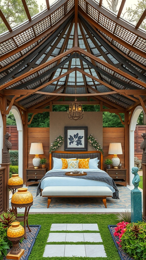 Artistic gazebo with a unique roof design featuring a cozy interior and surrounded by greenery.