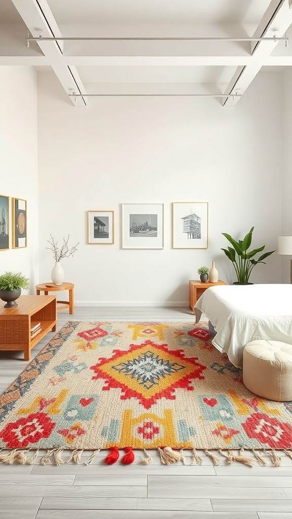A colorful handwoven rug in a modern bedroom setting.