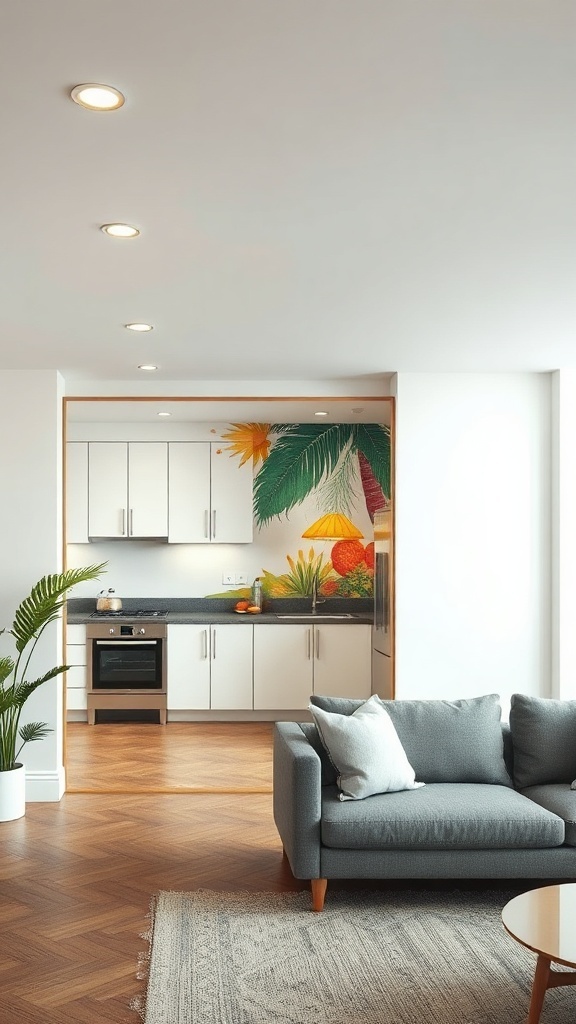 A stylish living room with a colorful tropical mural separating it from the modern kitchen.
