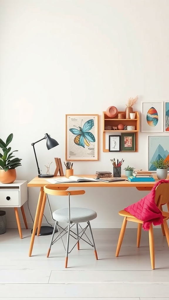 A stylish study table with a wooden desk, lamp, plants, and colorful wall art.