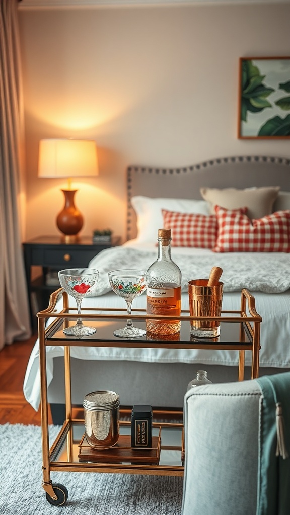A stylish bar cart featuring floral cocktail glasses, a whiskey bottle, and decorative items.