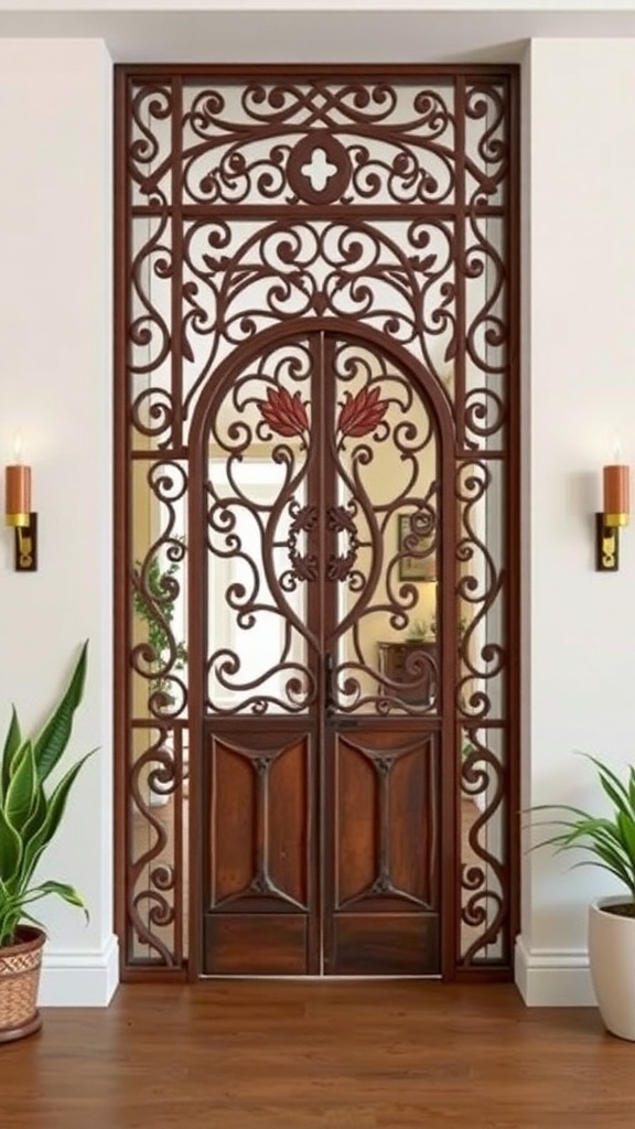 Intricate decorative wooden and metal partition in an entryway with plants.