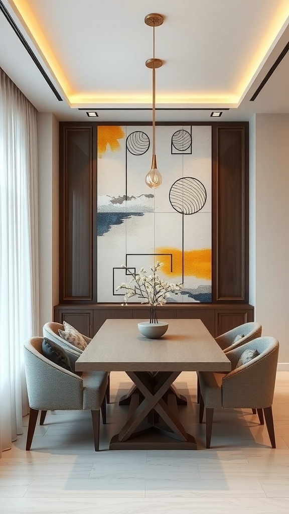 A modern dining area featuring an artistic wall divider with geometric patterns and vibrant colors.