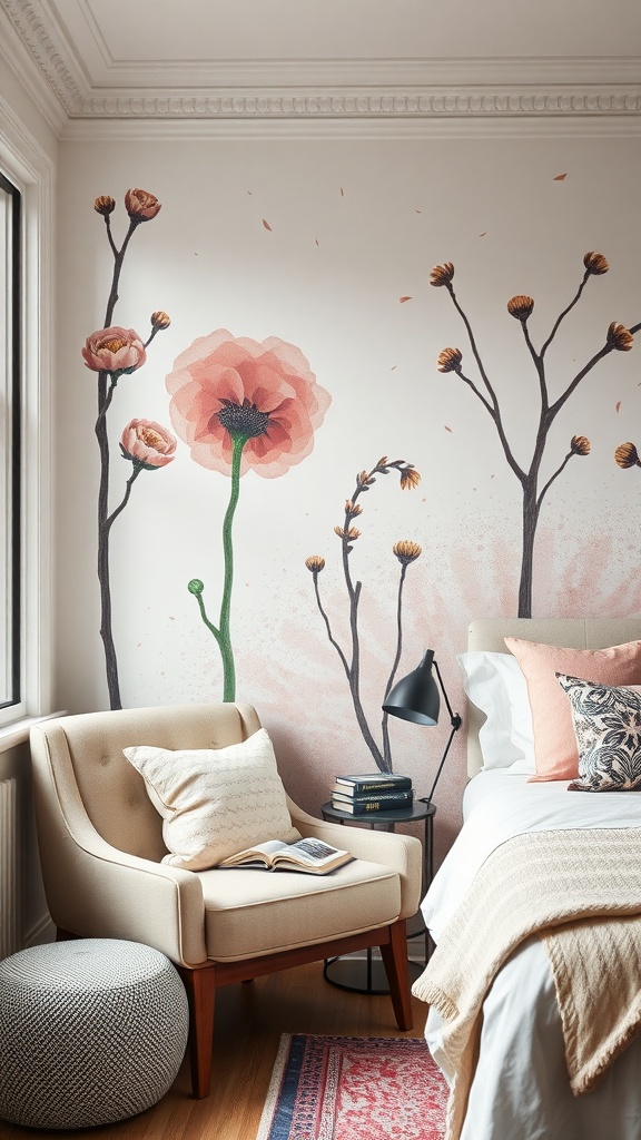 A cozy reading nook featuring a floral wall mural, a comfortable armchair, and a small side table with books.