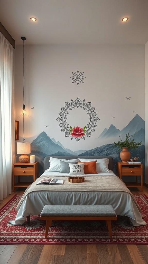 A prayer room with a mountain mural and floral designs on the wall, featuring a cozy bed and warm lighting.