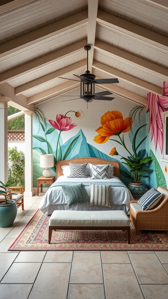A covered outdoor patio with a colorful floral mural on the wall, featuring a bed and seating area.
