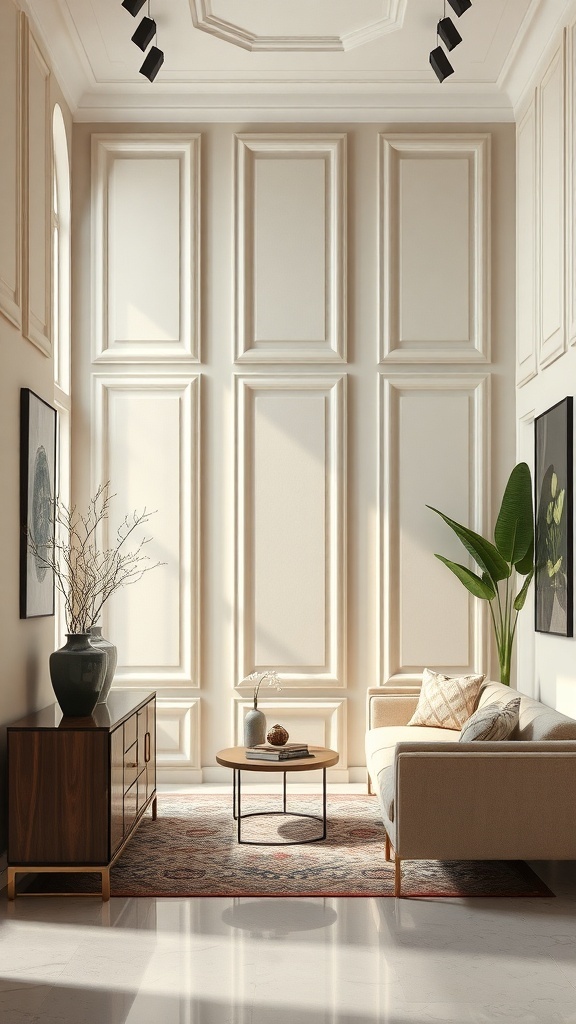 A stylish foyer featuring artistic wall panels, a cozy sofa, and a coffee table.