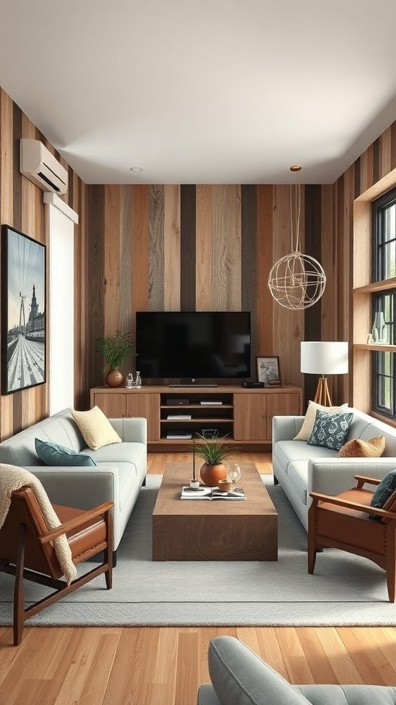 A cozy tiny man cave featuring stylish wooden wall treatments, contemporary furniture, and decorative accents.