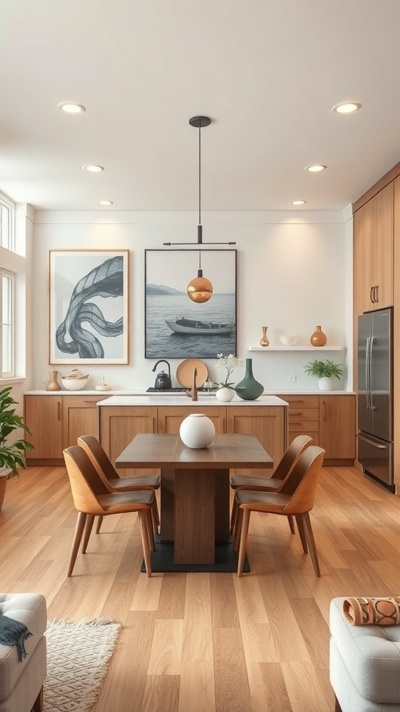 A stylish open kitchen featuring artwork as a partition.