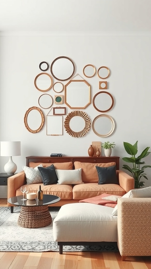 A living room featuring an asymmetrical arrangement of mirrors on the wall above a cozy orange sofa.
