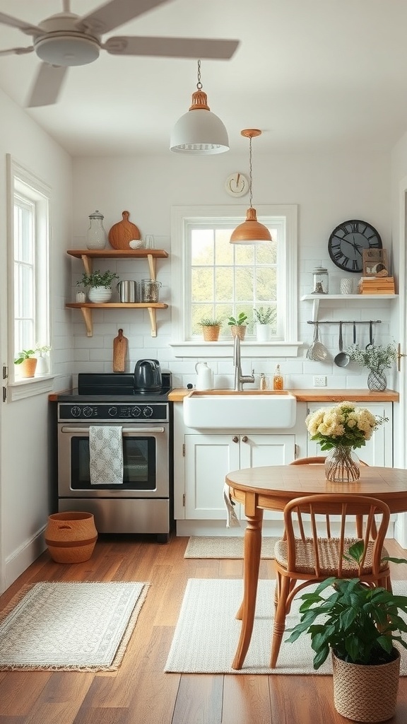 A cozy cottage kitchen featuring open shelves, a farmhouse sink, and a small dining table, all designed for both beauty and practicality.