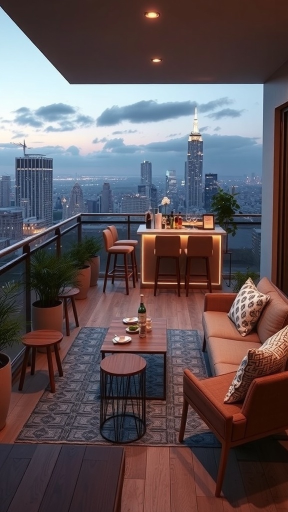 A stylish balcony bar setup with a view of the city skyline featuring cozy furniture and plants.