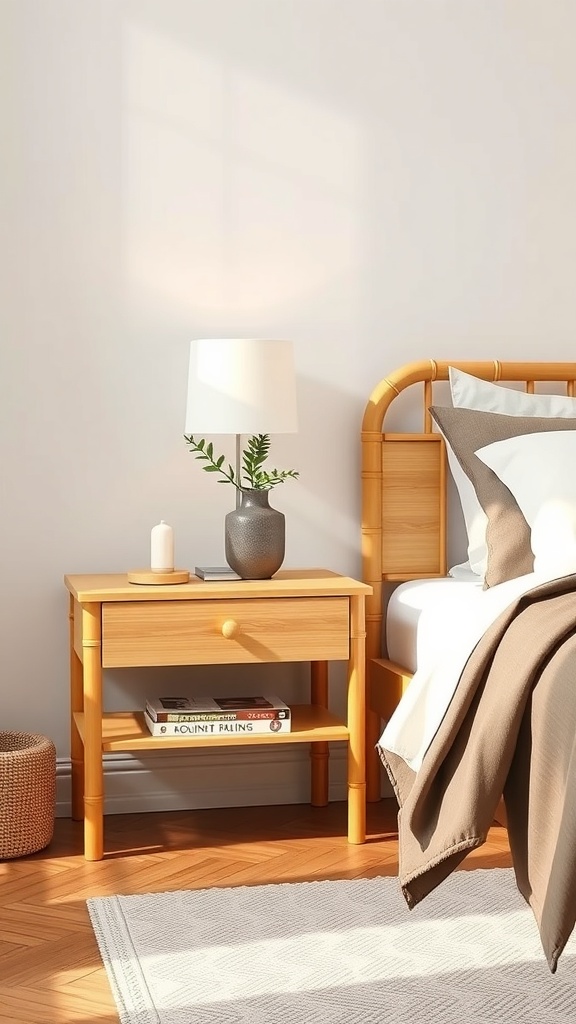 A bamboo nightstand with a lamp, plant, and books beside a bed.