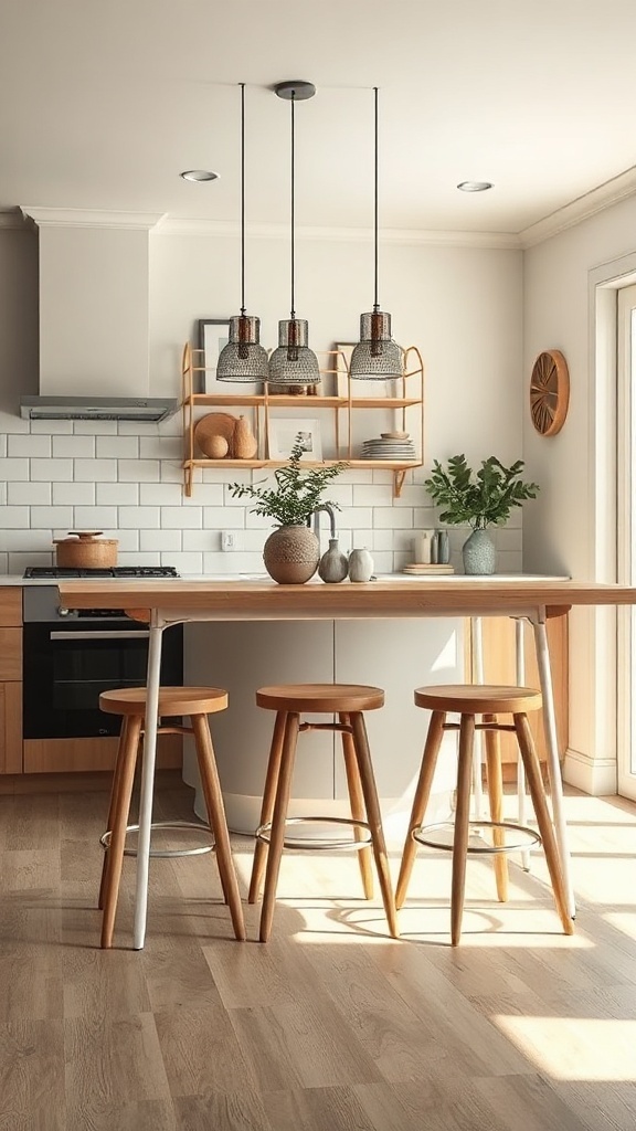 Modern kitchen with a bar height table and stools, highlighting space-saving design.