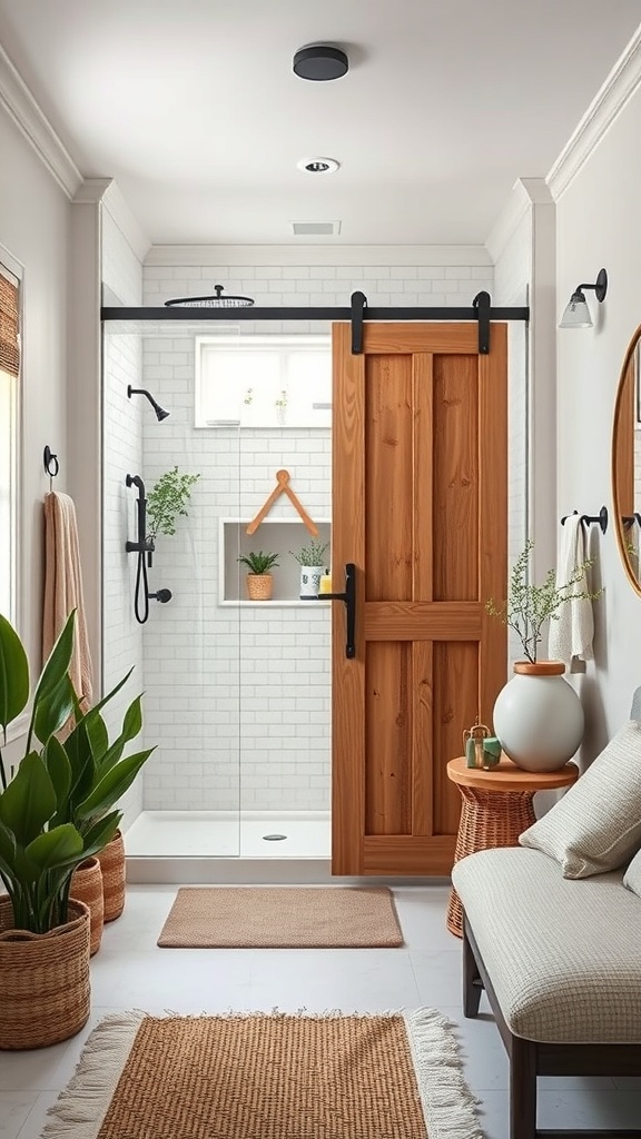 A rustic bathroom featuring a barn door shower enclosure with plants and natural decor.