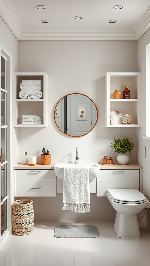 A modern bathroom featuring organized shelves with towels and decorative items, a round mirror, and a clean aesthetic.
