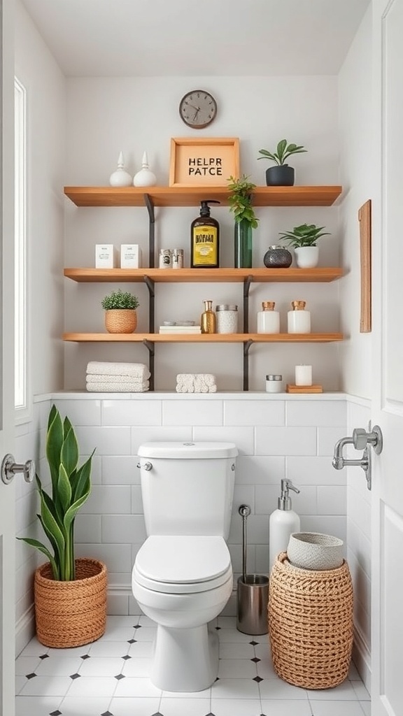 Stylish bathroom with wooden shelves displaying toiletries and decorative items