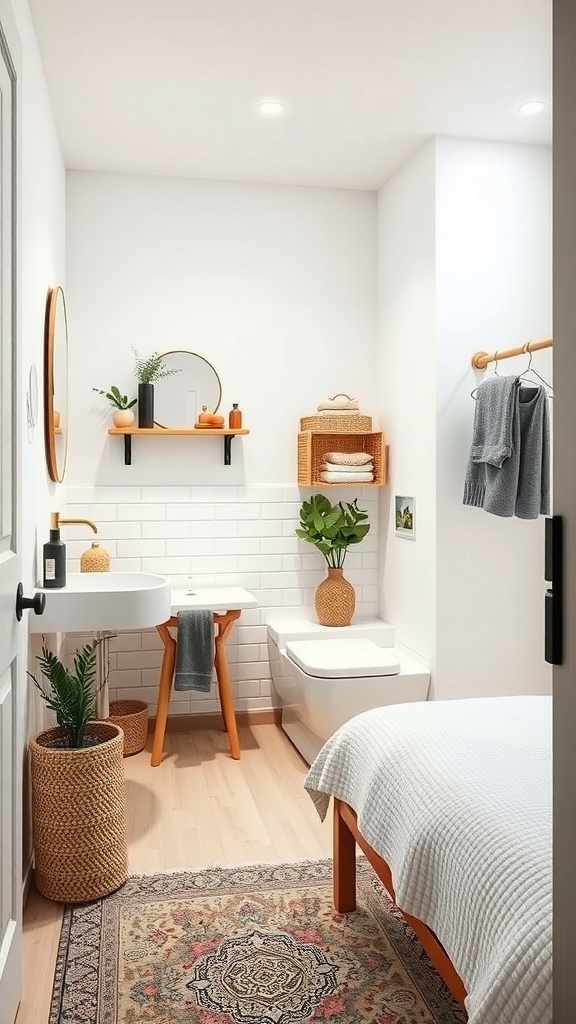 A stylish small bathroom with organized shelves, plants, and a cozy rug.