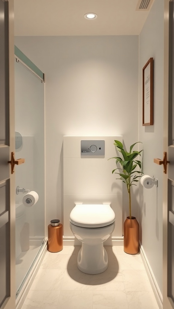 Small modern bathroom featuring a stylish toilet, sleek fixtures, and a decorative plant.
