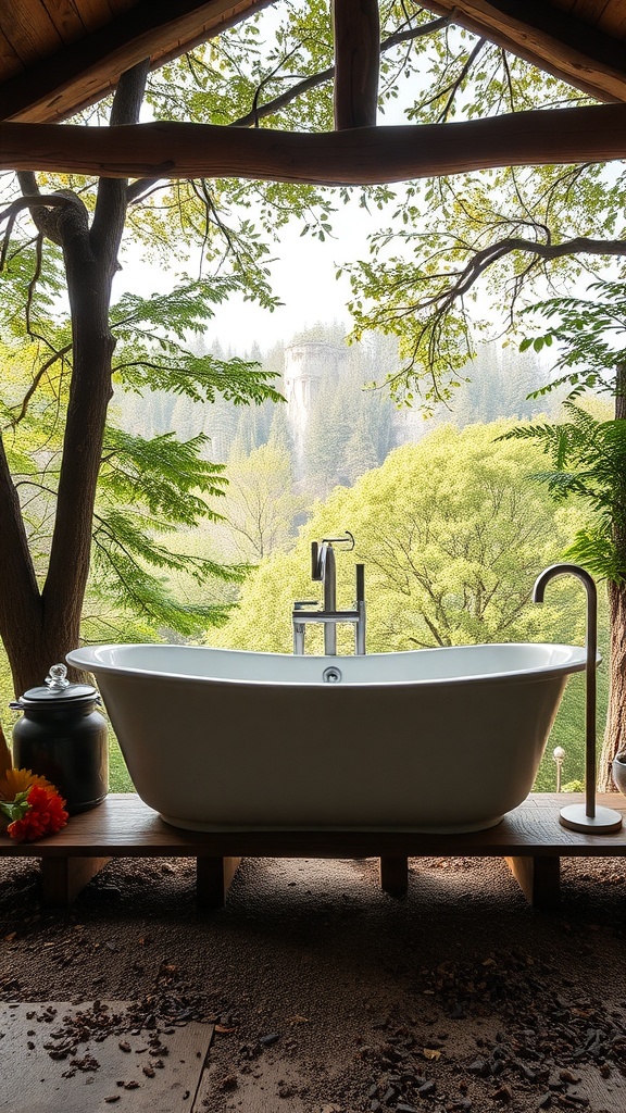 A modern bathtub on a wooden platform surrounded by trees and a distant waterfall.