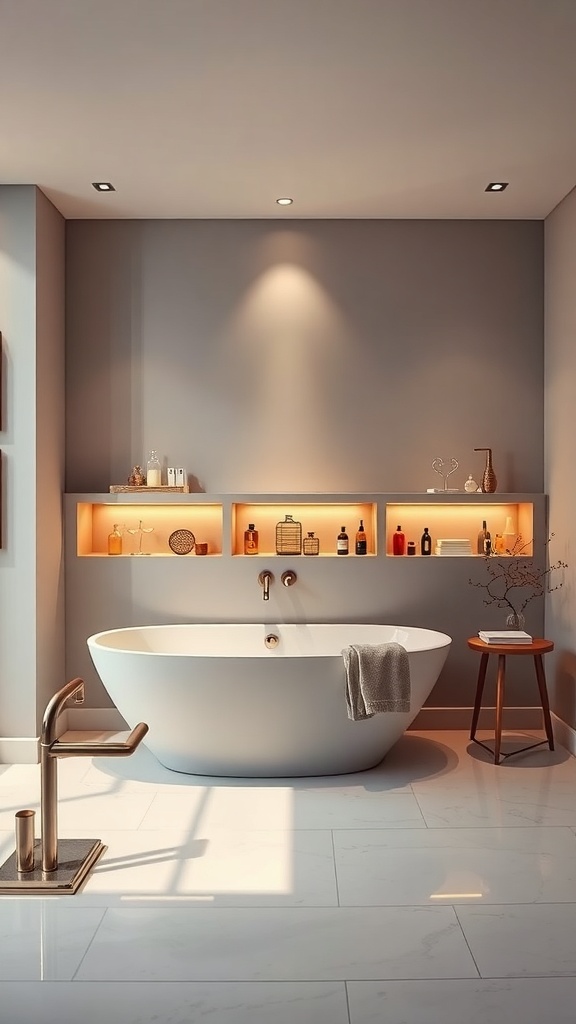 Modern bathtub with built-in shelving and warm lighting