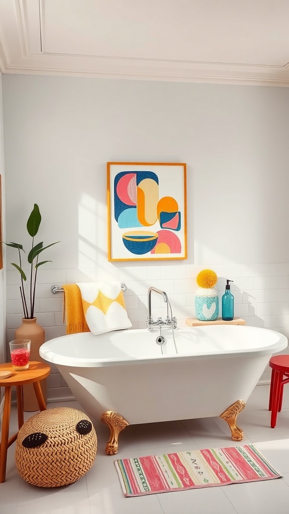 A bright and cheerful bathroom featuring a white bathtub with golden feet, colorful wall art, and vibrant decor.