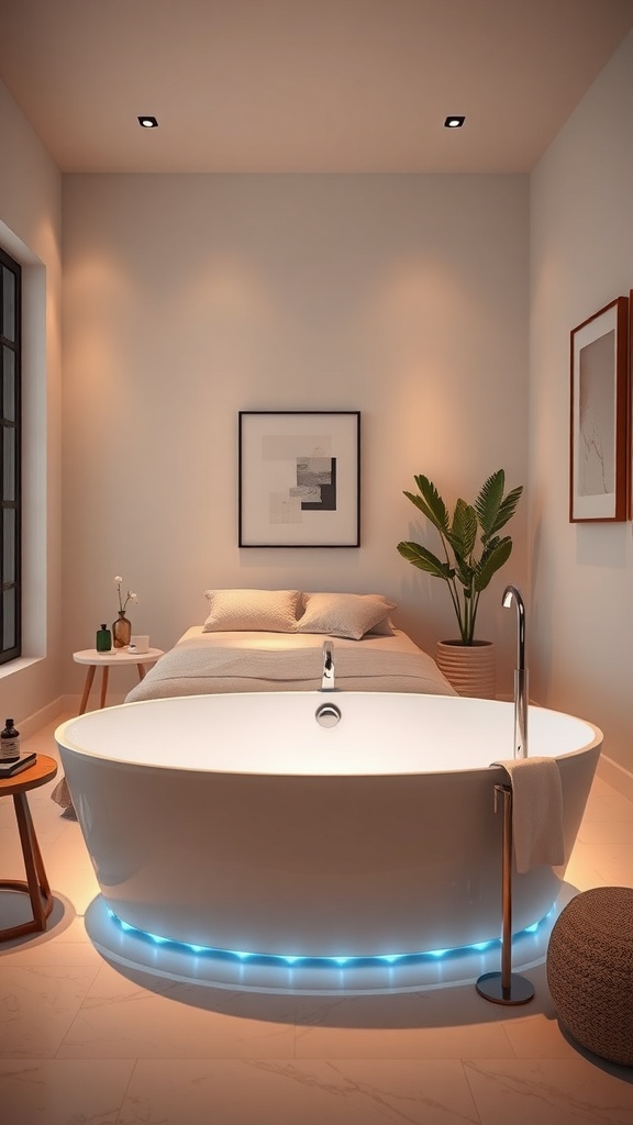 A modern bathtub with integrated blue lighting, surrounded by a cozy bathroom setting.