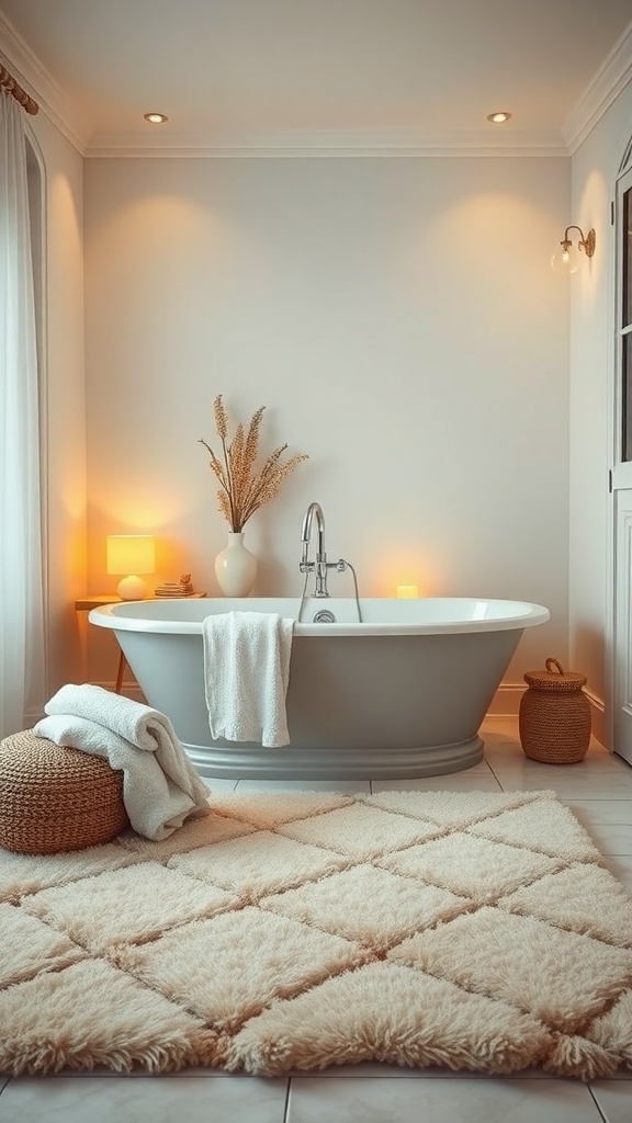 A cozy bathroom featuring a freestanding bathtub surrounded by soft textures, warm lighting, and natural decor.
