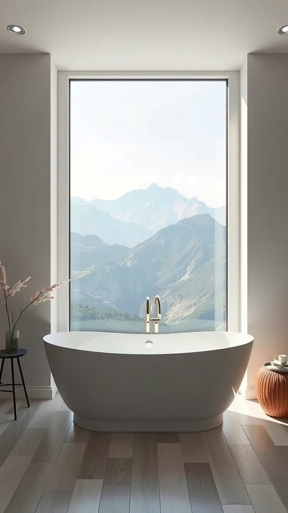 A modern bathtub with a scenic view of mountains through a large window.