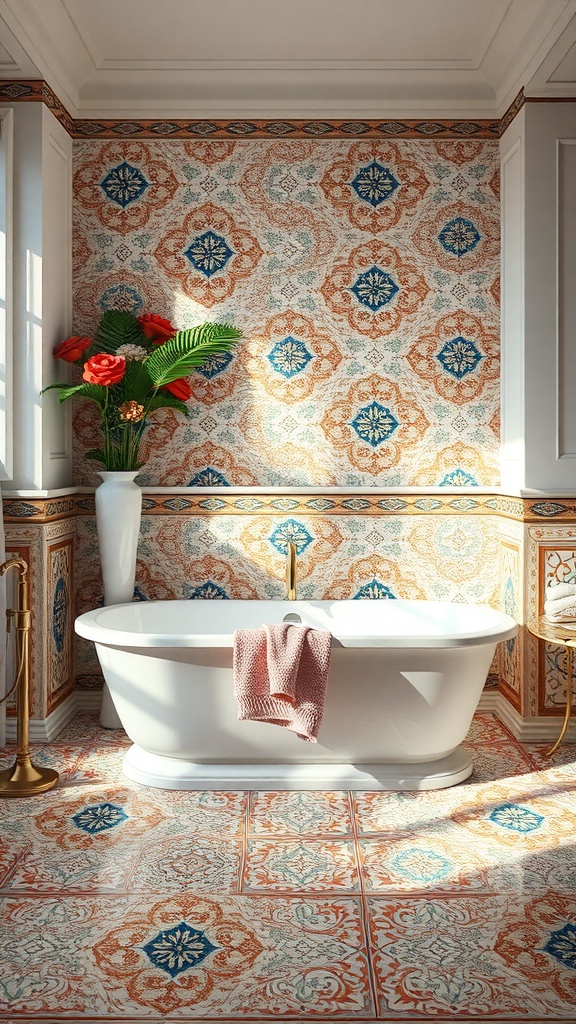 A stylish bathroom featuring a white bathtub surrounded by colorful patterned tiles in warm tones.