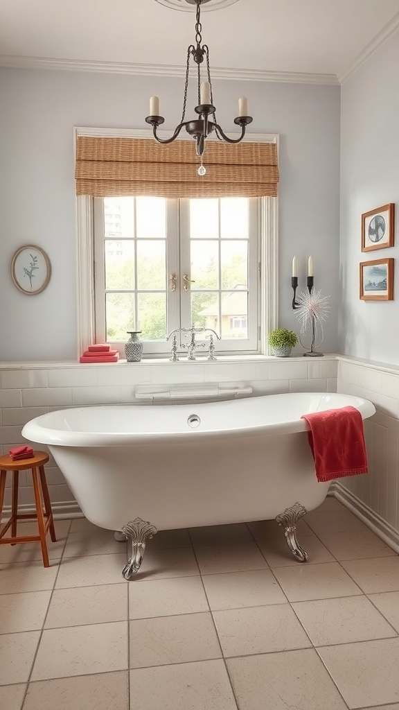A vintage-style bathtub with clawfoot legs, red towels, and a cozy bathroom setting.