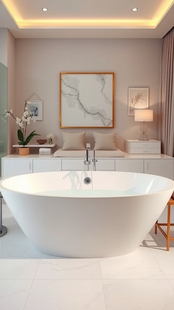 Modern bathtub with waterfall faucet in a stylish bathroom setting.