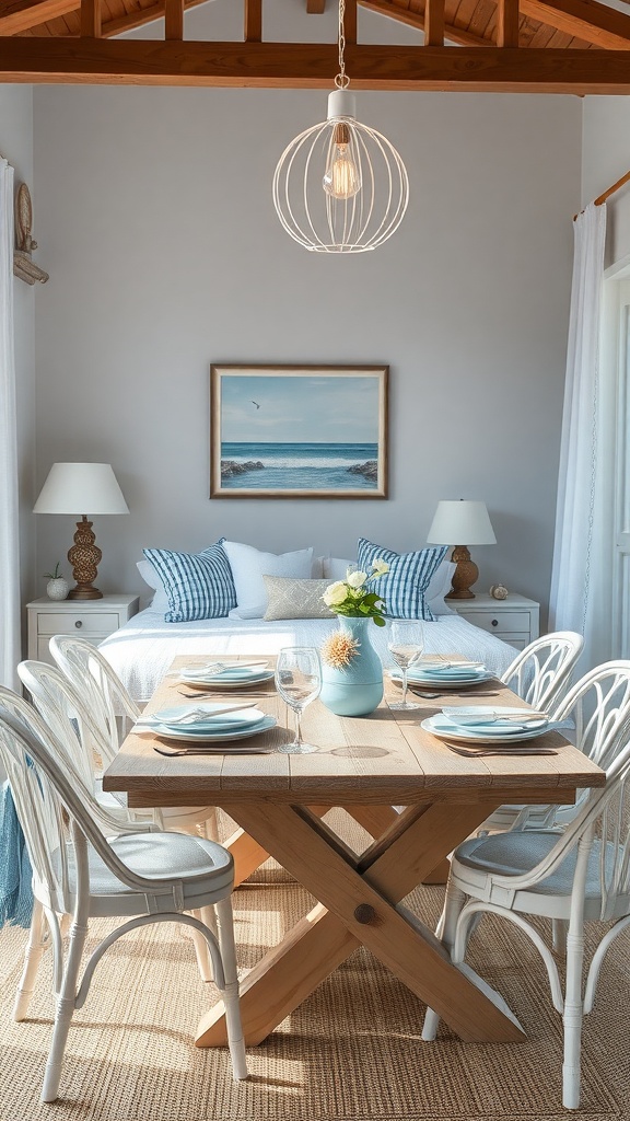 A beach-themed dining area with a wooden table, light chairs, and ocean-inspired decor.