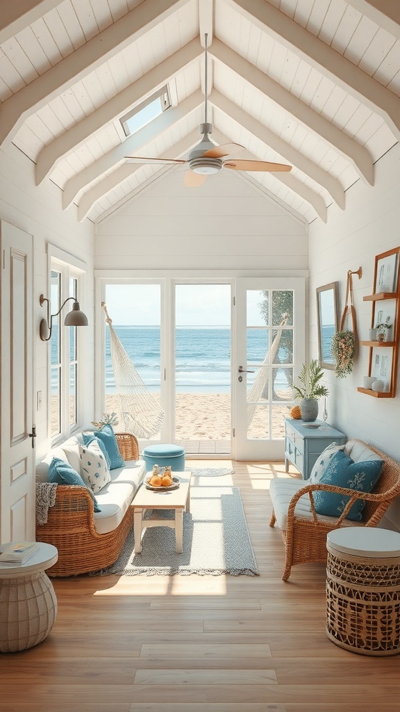 Interior of a tiny beach house with comfortable seating, natural light, and a view of the beach.