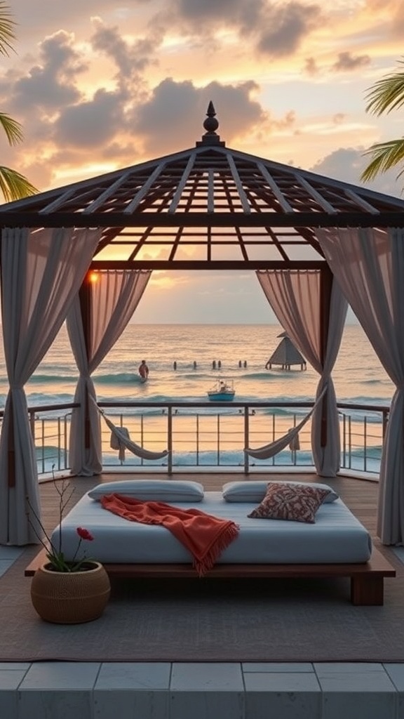 A beachside gazebo with a cozy bed, soft curtains, and a view of the ocean at sunset.