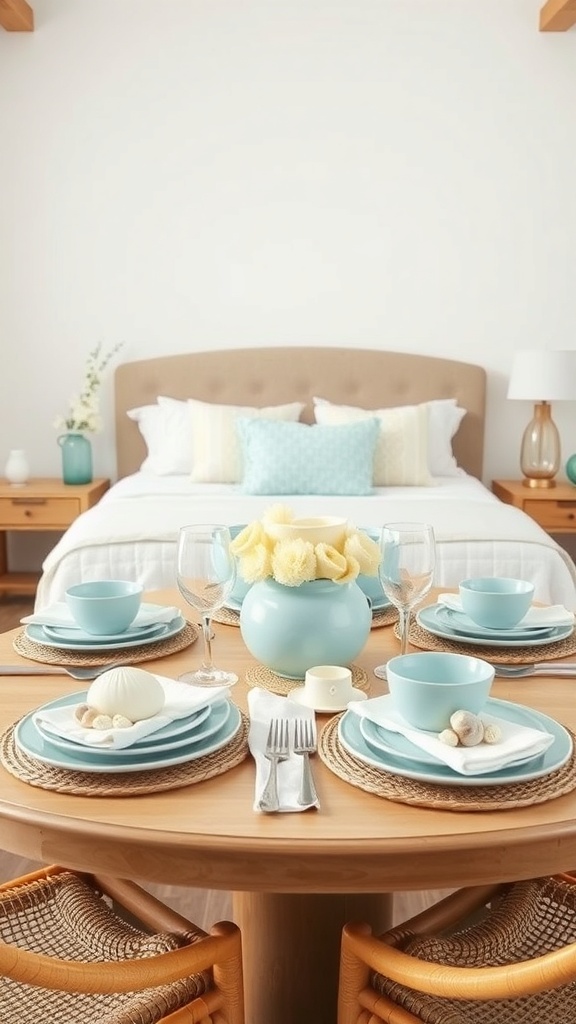 A beach-themed dining table with soft blue dishes and natural textures.