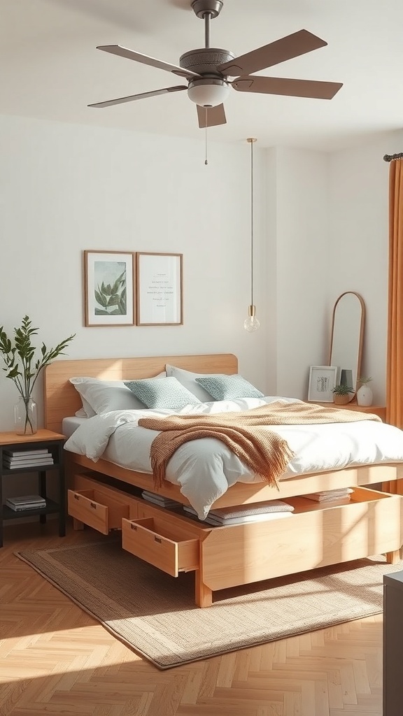 A modern bedroom featuring a raised bed with storage drawers underneath, showcasing a cozy and organized space.