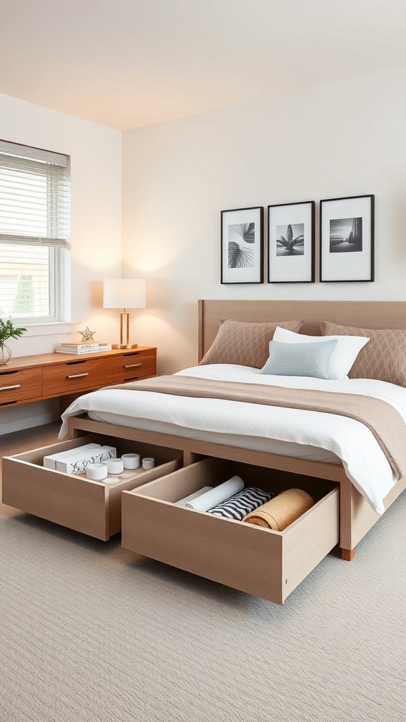 A modern bedroom featuring a bed with built-in storage drawers underneath, showcasing a tidy and organized space.