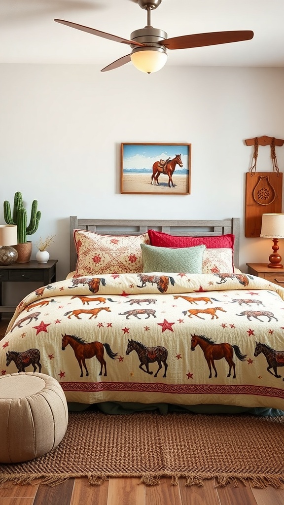 A cozy Western-themed bedroom featuring a quilt with horse motifs, accent pillows, and rustic decor.