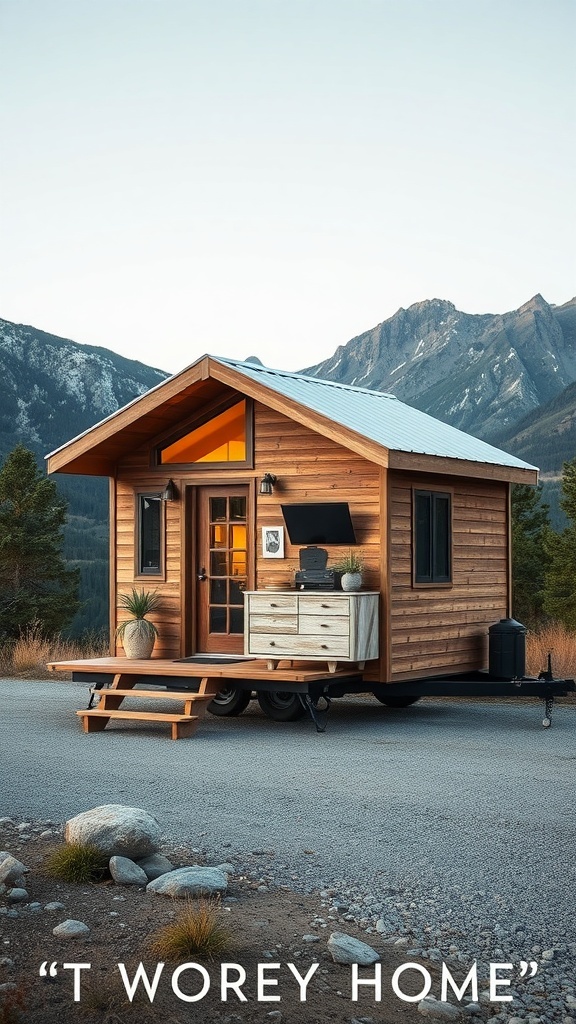 A beautiful tiny house on wheels surrounded by mountains.