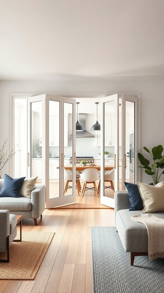 A stylish living room with bi-fold doors opening into a bright kitchen